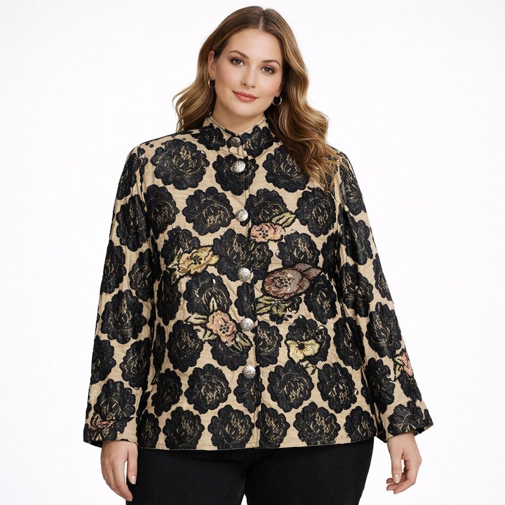 Vintage Floral Brocade Jacket Large Black Tan Button Up Embellished Cottage Coat